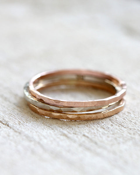 Solid 14k gold stacking rings white gold, yellow gold, rose gold - Set of 3 rings