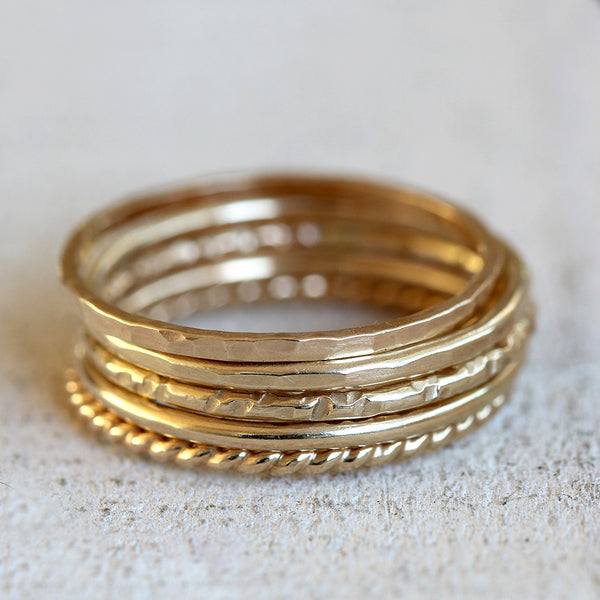 Solid 14k gold stacking rings - large tall stack of 5 rings