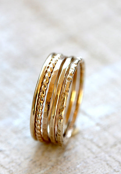 Solid 14k gold stacking rings - large tall stack of 5 rings