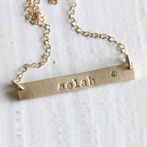 Personalized 14k Yellow Gold Bar Necklace with Birthstone