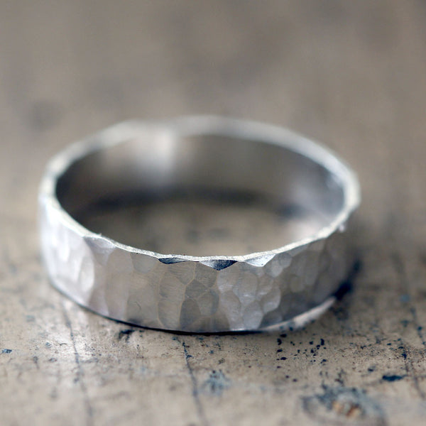 Narrow Hammered Wedding Ring Sterling Silver