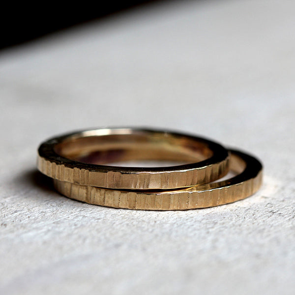 Tree bark wedding ring set - solid 14k gold