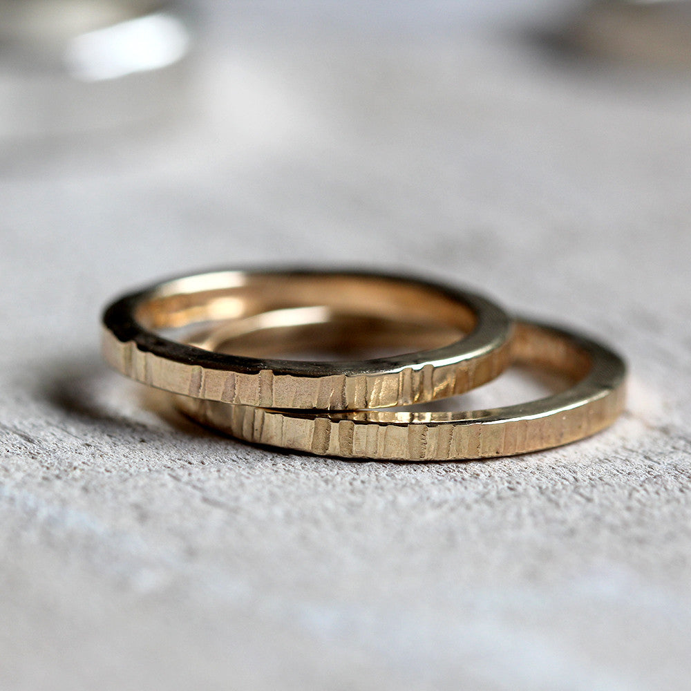 Tree bark wedding ring set - solid 14k gold