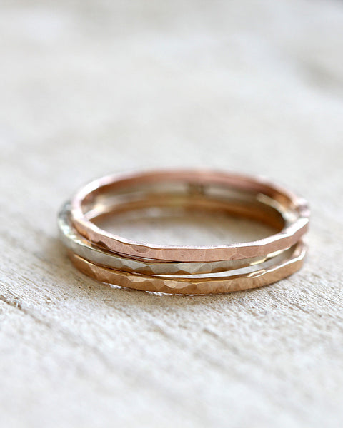 14k gold hammered stacking rings set of 3 rings