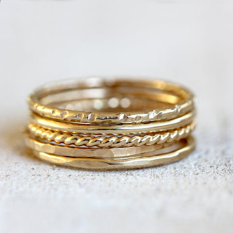 Solid 14k gold stacking rings - large tall stack of 5 rings