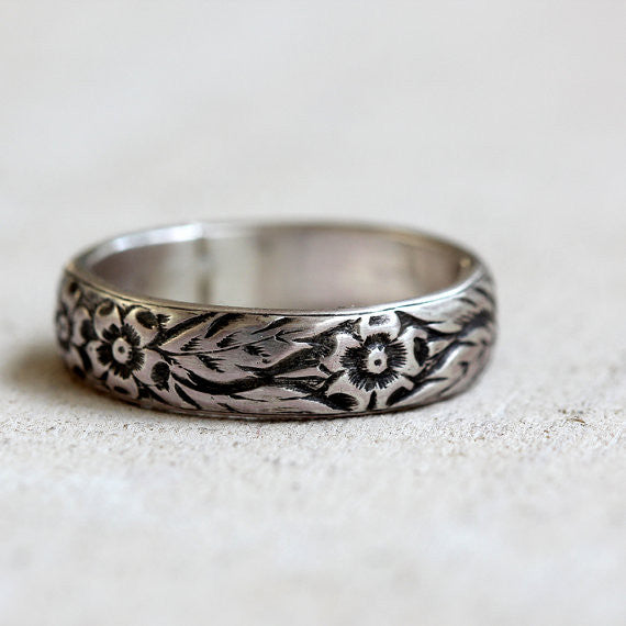 Leaf Wedding Band, Floral Wedding Ring, Filigree Anniversary Ring, 14K  White Gold Rose Gold, Yellow Gold Handmade