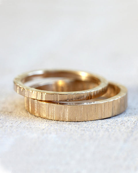 Solid 14k Gold Tree bark wedding ring set