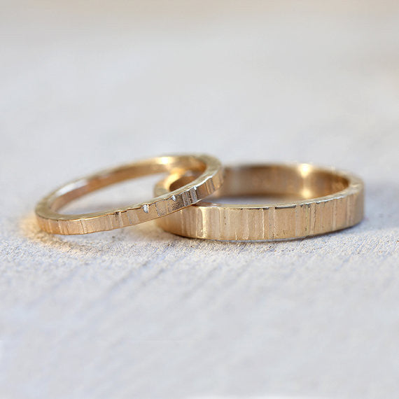 Solid 14k Gold Tree bark wedding ring set