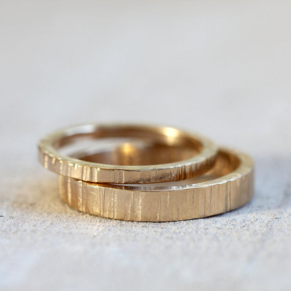 Solid 14k Gold Tree bark wedding ring set