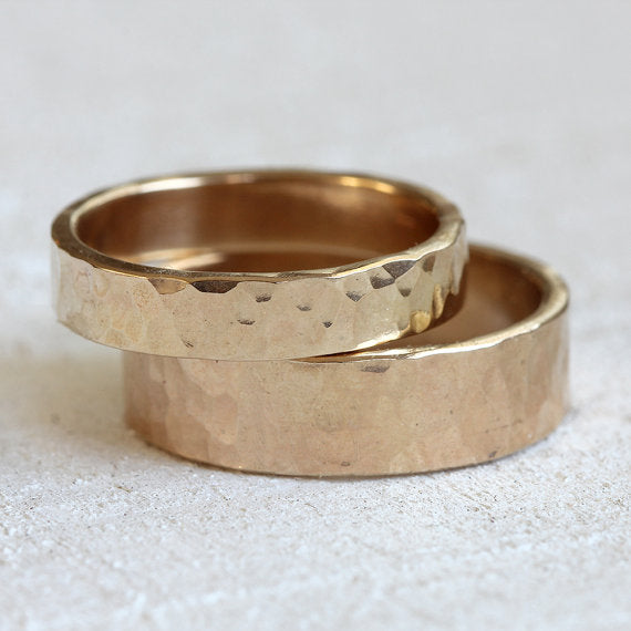 Hammered Wedding ring set 14k gold