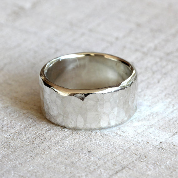 Men's wide band hammered sterling silver ring