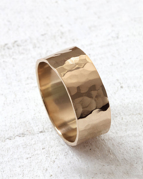 14k Gold Hammered Wide Band Wedding Ring