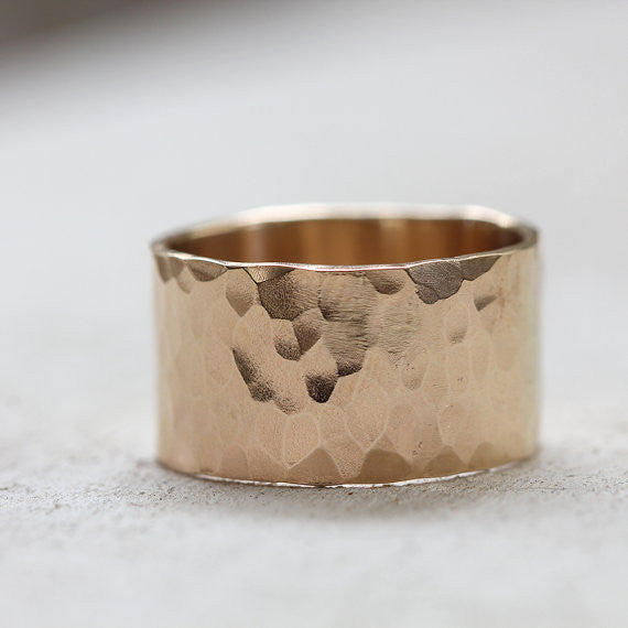 Extra Wide solid gold hammered wedding ring