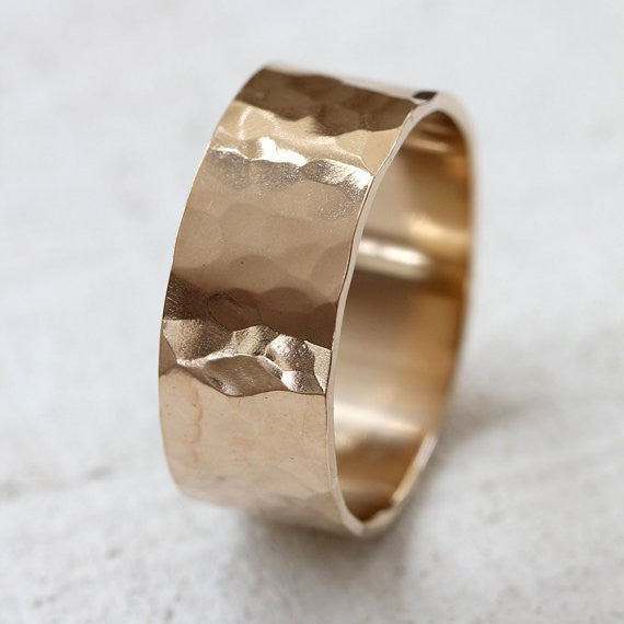 Wide Gold Hammered Ring - Solid 14k Gold