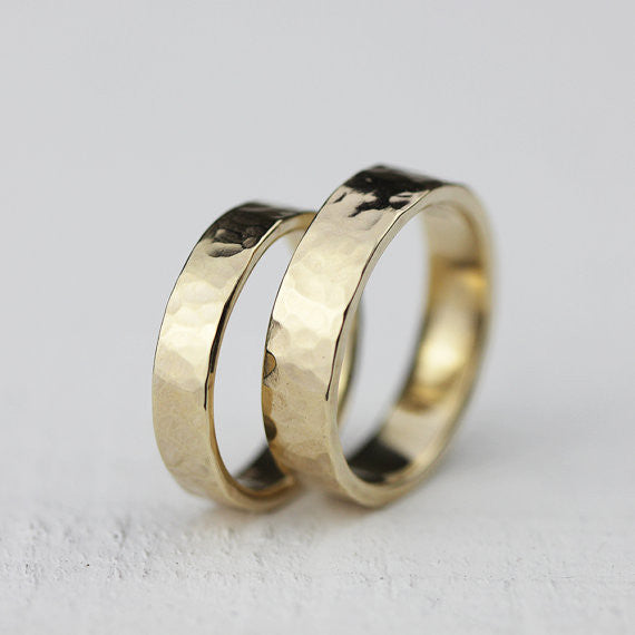 Wedding Ring Set - 14k gold hammered rings