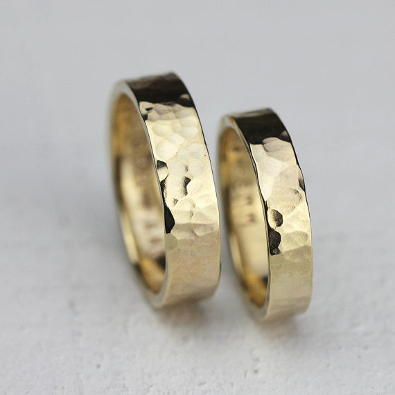 Wedding Ring Set - 14k gold hammered rings