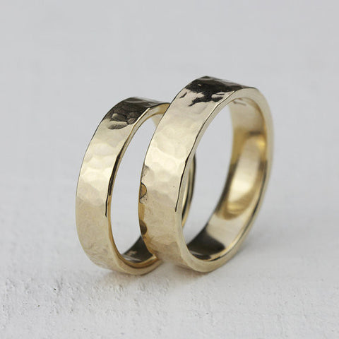 Wedding Ring Set - 14k gold hammered rings
