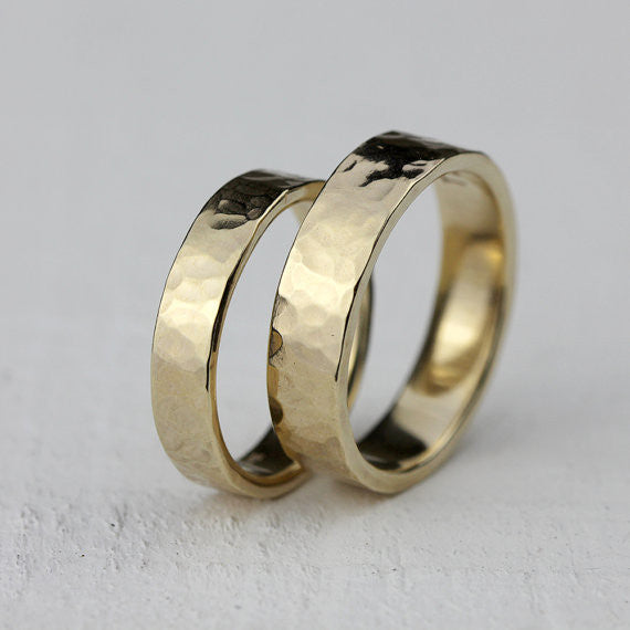 Wedding Ring Set - 14k gold hammered rings