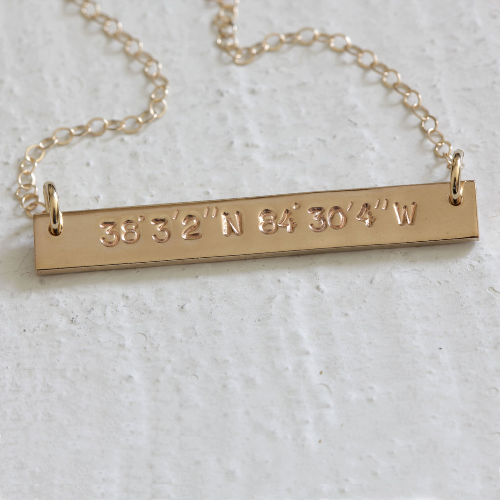 Latitude longitude gold bar necklace solid 14k gold – Praxis Jewelry