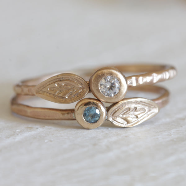 Solid 14k gold London Blue Topaz pebble and leaf ring