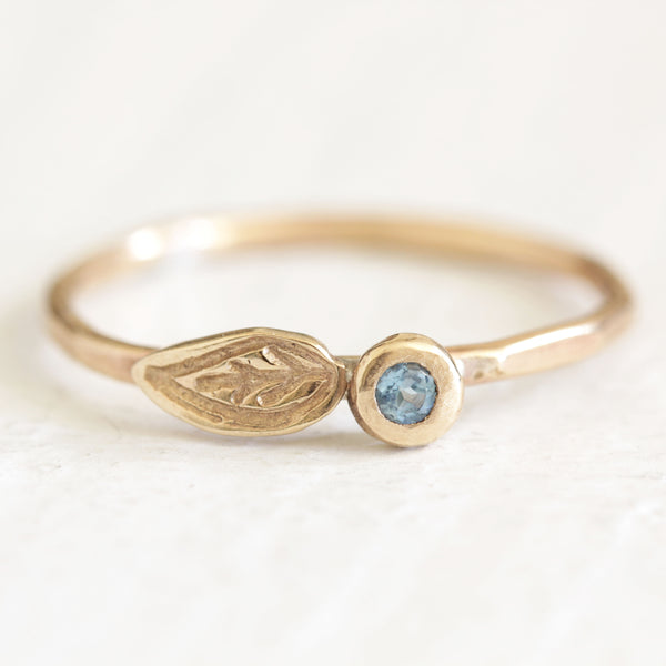 Solid 14k gold London Blue Topaz pebble and leaf ring