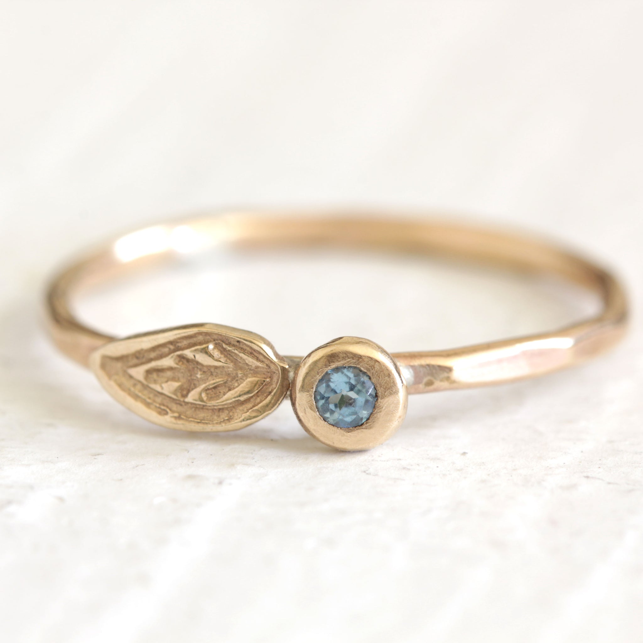 Solid 14k gold London Blue Topaz pebble and leaf ring