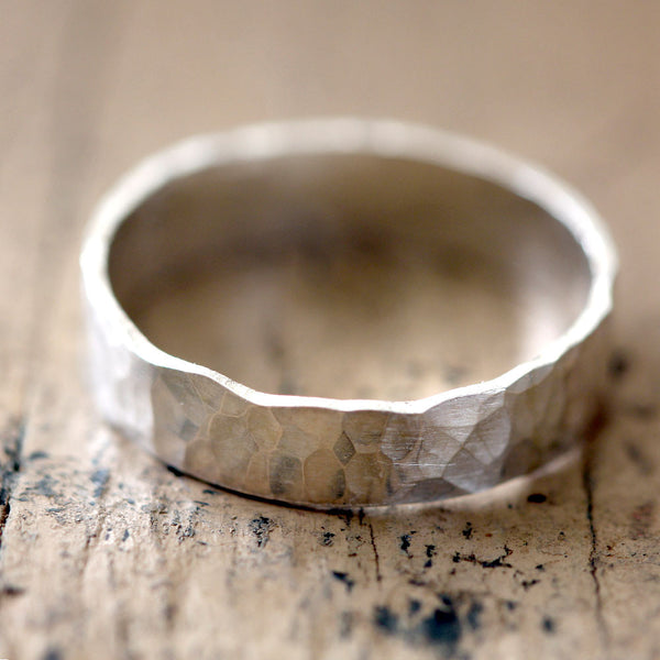 Narrow Hammered Wedding Ring Sterling Silver