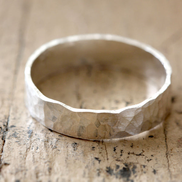 Narrow Hammered Wedding Ring Sterling Silver