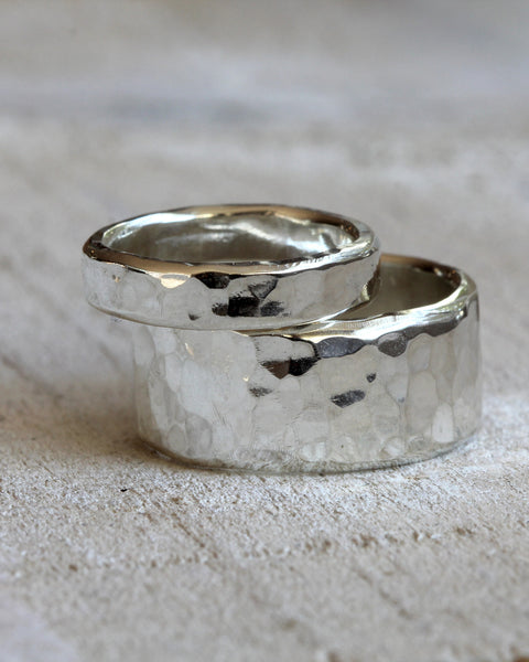 Sterling silver hammered rings - wedding ring set