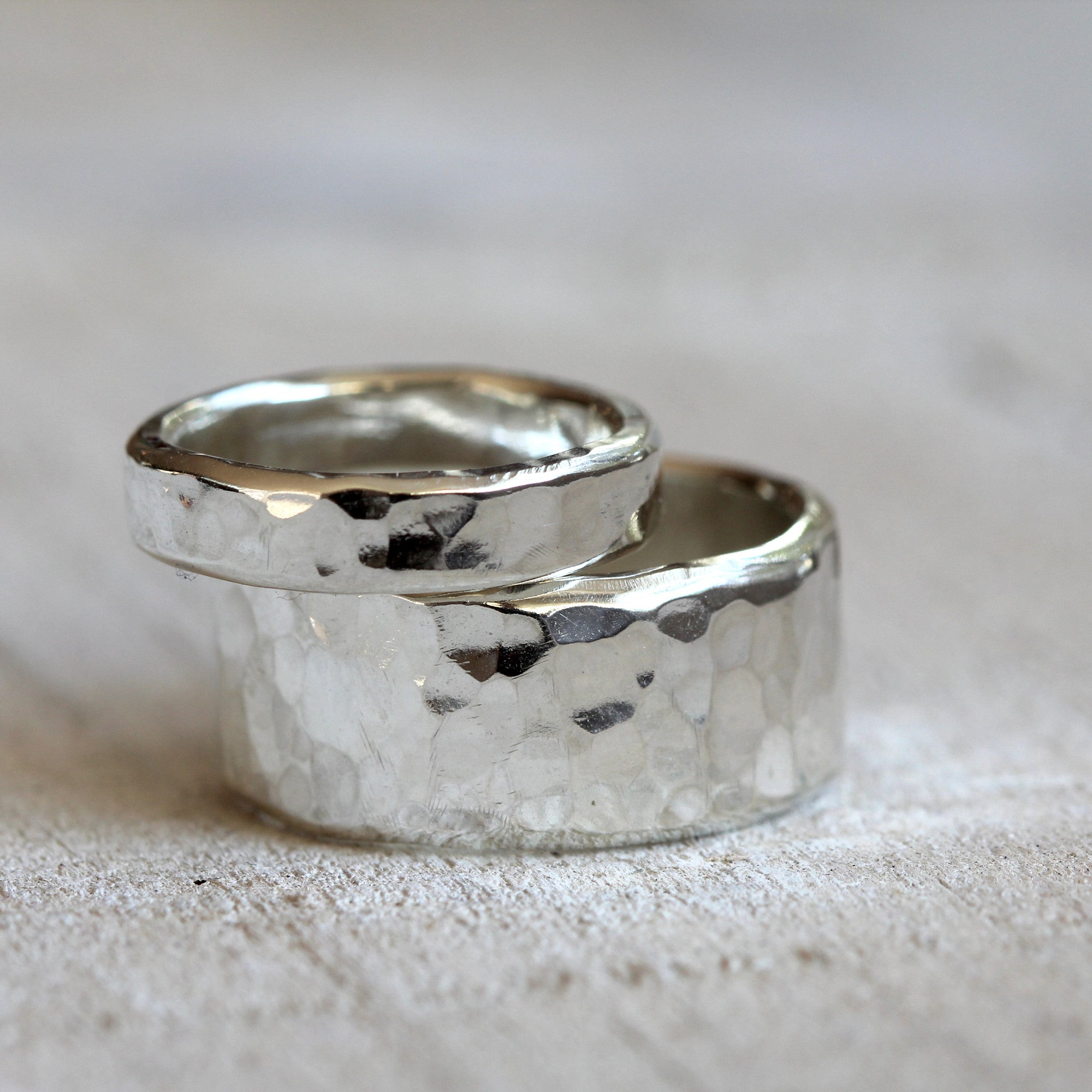 Sterling silver hammered rings - wedding ring set – Praxis Jewelry
