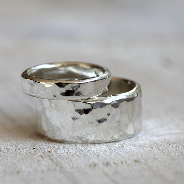 Sterling silver hammered rings - wedding ring set