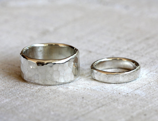 Sterling silver hammered rings - wedding ring set