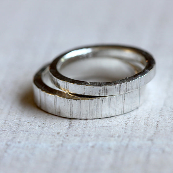 Sterling Silver tree bark wedding ring set