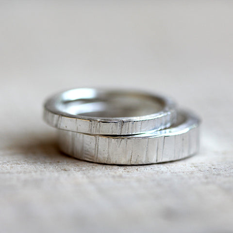 Sterling Silver tree bark wedding ring set