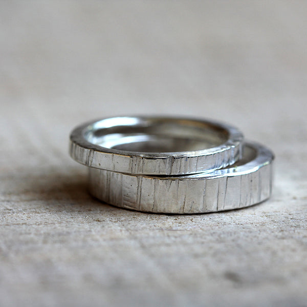 Sterling Silver tree bark wedding ring set