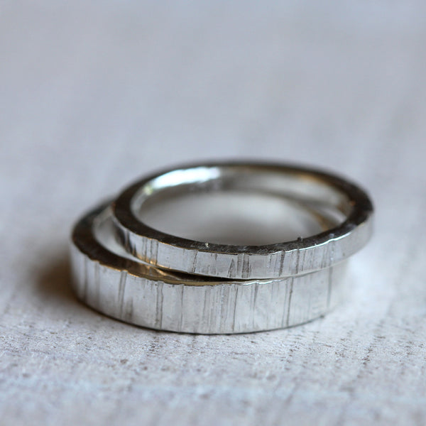Sterling Silver tree bark wedding ring set