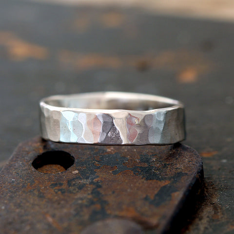 Hammered 14k white gold ring