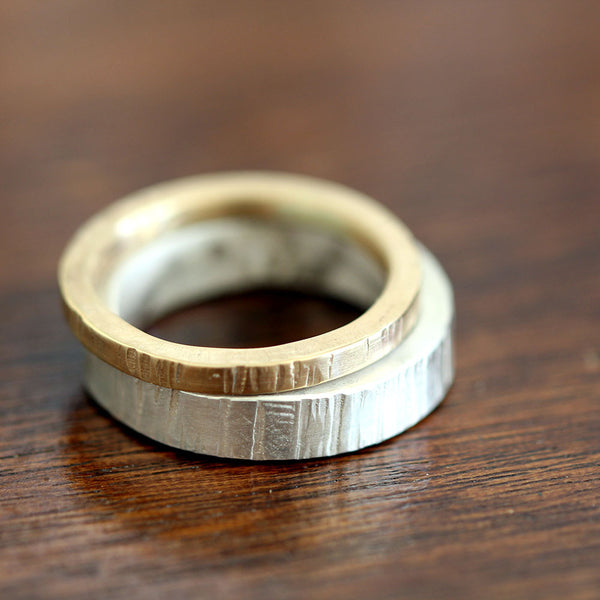 Wood Grain stacking ring set sterling silver and gold